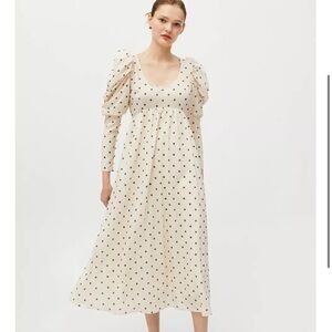 Ghospell NWT L Cream Long Sleeve Puff Sundress brown polka Dots Midi